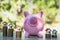 Pink piggy bank and coins for saving money.Â  Storage, investment, education and the future Retirement money